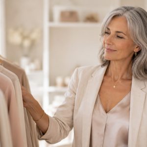 Femme de plus de 50 ans en veste beige choisissant des vêtements clairs en boutique
